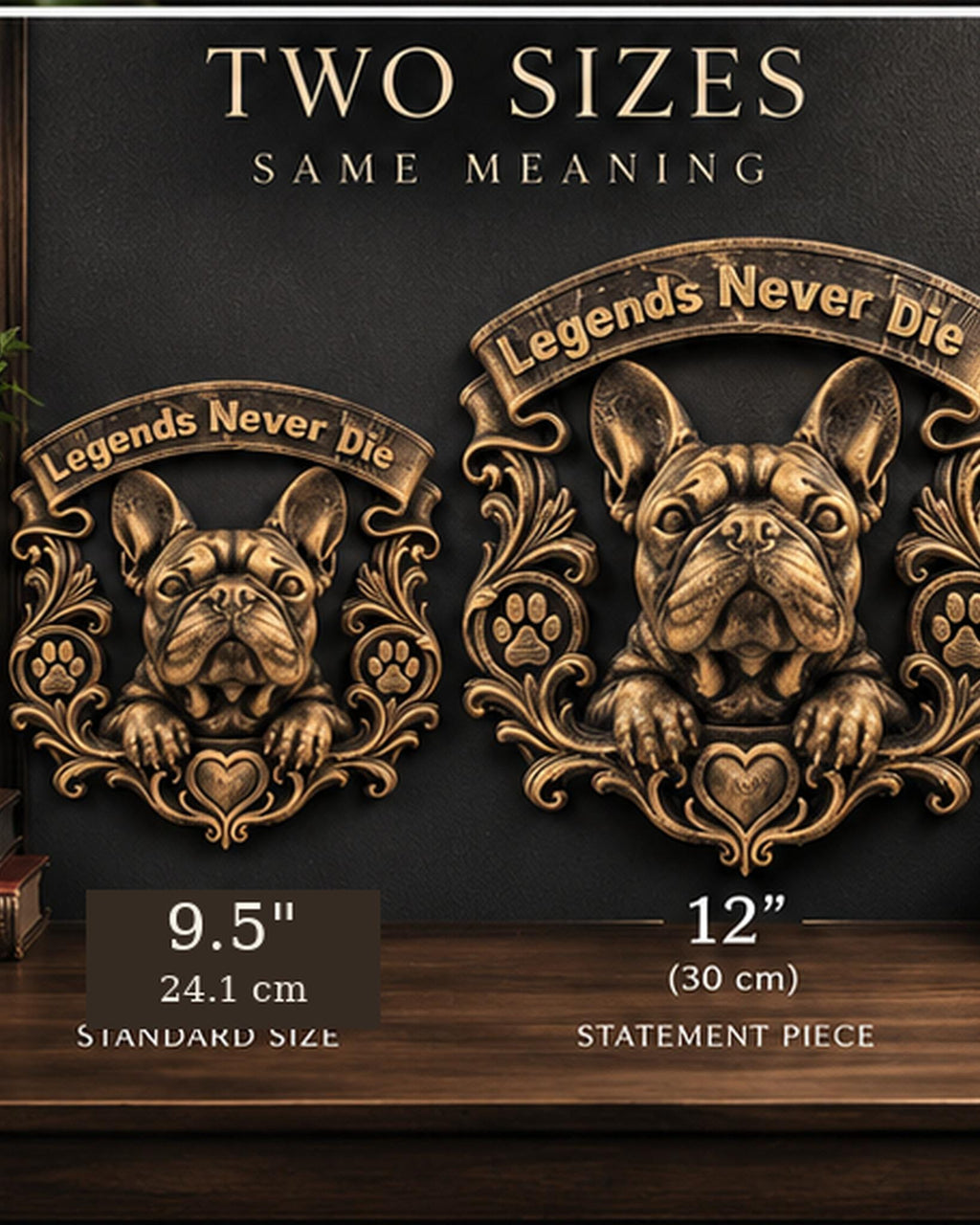 Size comparison of the 9.5 in. and 12 in. French Bulldog memorial plaques