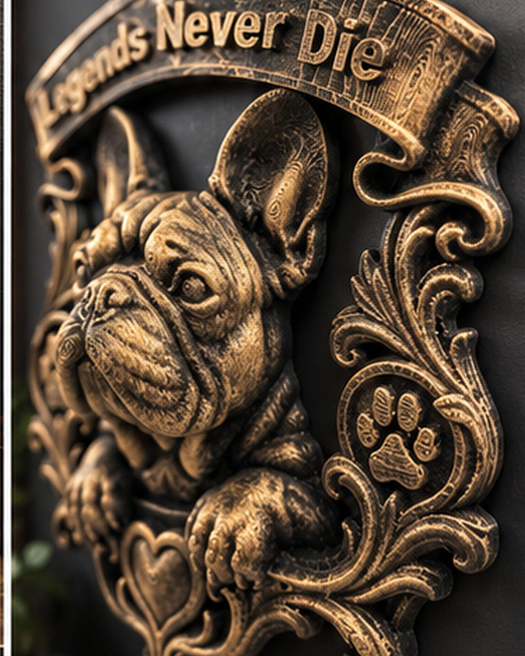 Angled close view of the French Bulldog portrait and scrollwork