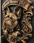 Angled close view of the French Bulldog portrait and scrollwork