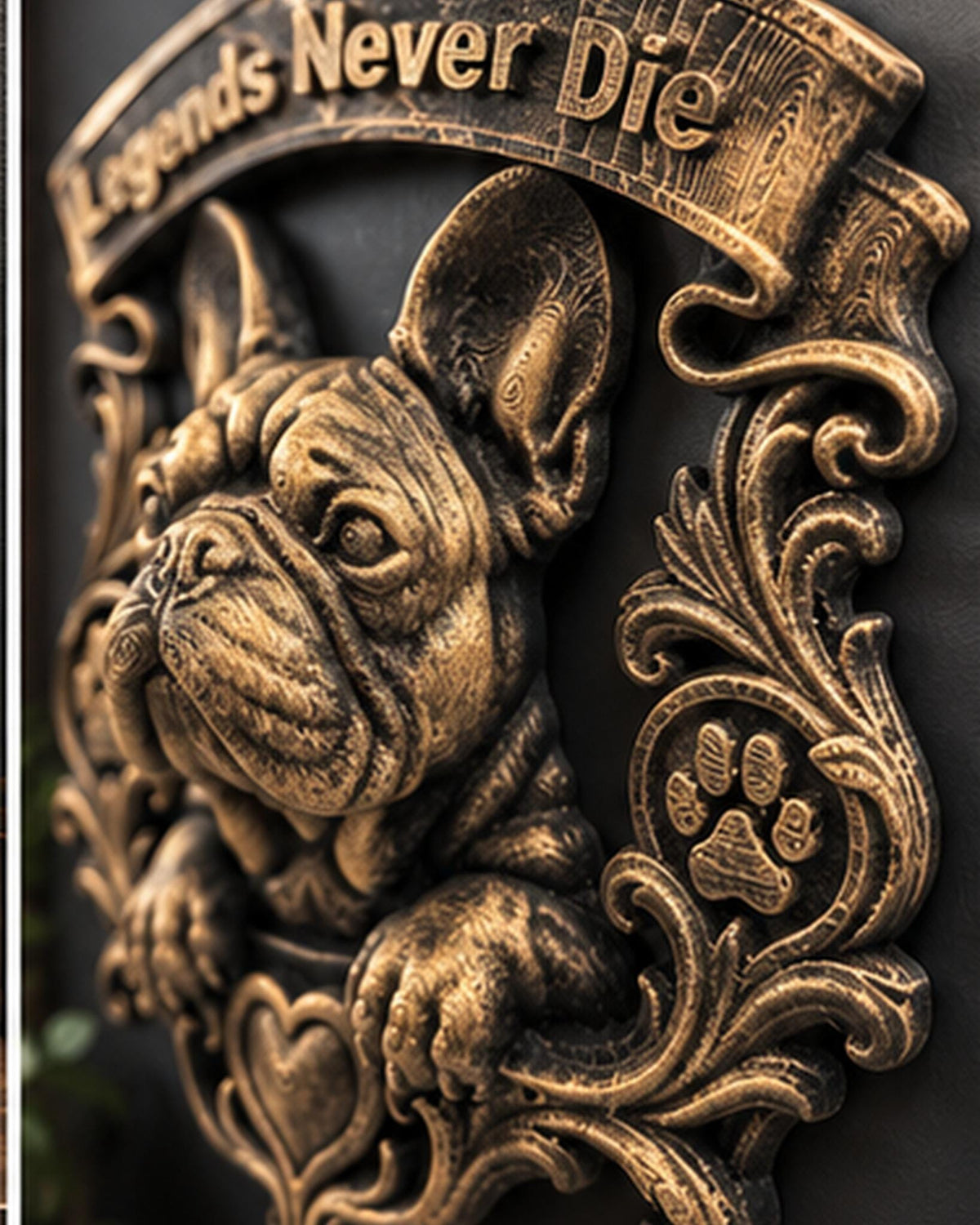 Angled close view of the French Bulldog portrait and scrollwork