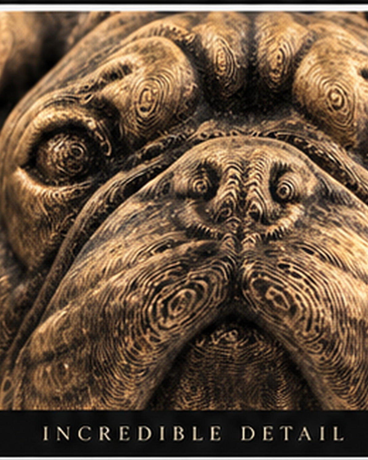 Close-up of the French Bulldog's detailed face and wrinkles