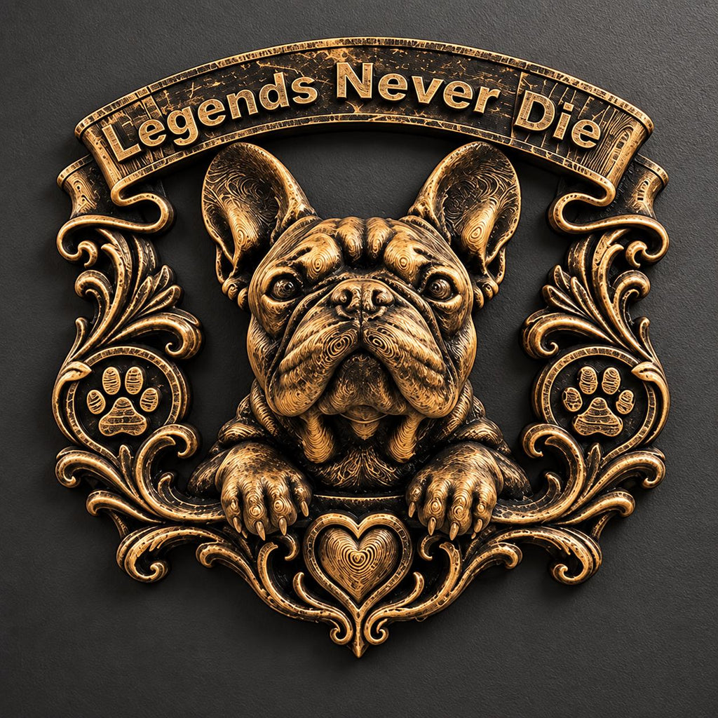 Front view of antique gold French Bulldog memorial plaque with Legends Never Die banner