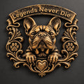 Front view of antique gold French Bulldog memorial plaque with Legends Never Die banner