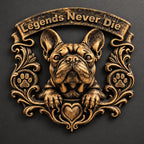 Front view of antique gold French Bulldog memorial plaque with Legends Never Die banner