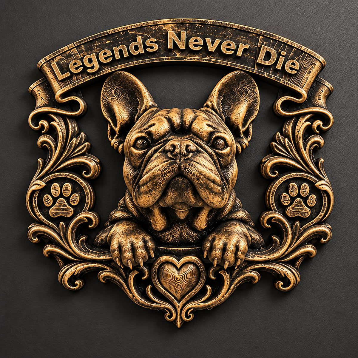 Front view of antique gold French Bulldog memorial plaque with Legends Never Die banner