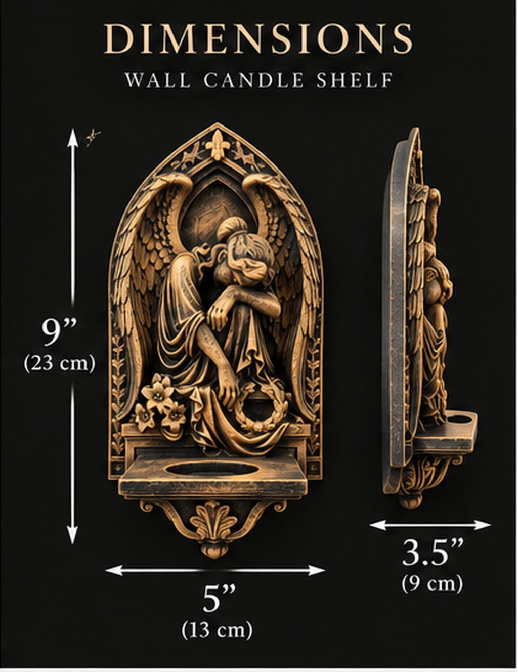 Dimension graphic of the angel sconce: 9 in. high, 5 in. wide, 3.5 in. deep