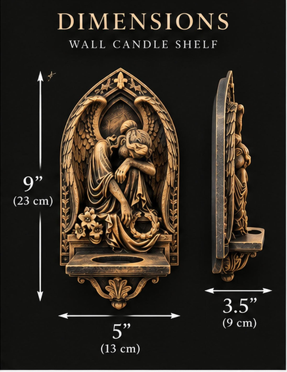 Dimension graphic of the angel sconce: 9 in. high, 5 in. wide, 3.5 in. deep