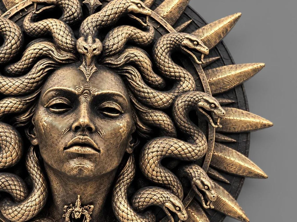 Close-up of Medusa's face, scaled serpents and throat pendant