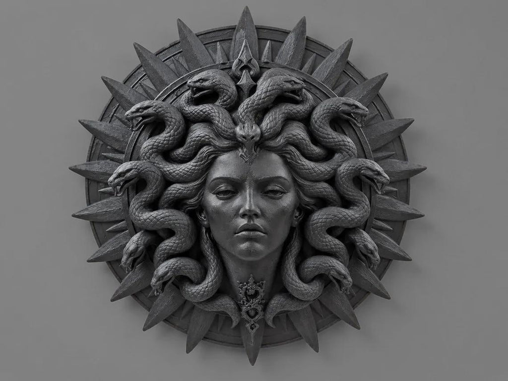 Front view of the black Medusa sunburst medallion option
