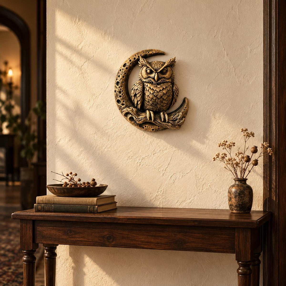 Owl and moon sculpture hung above a wooden console table