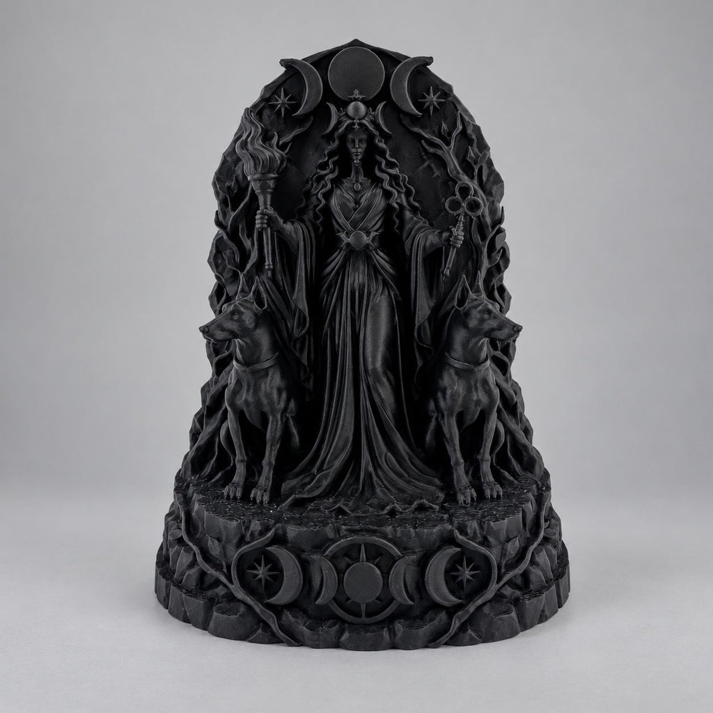 Front view of the black Hecate goddess under a triple moon arch