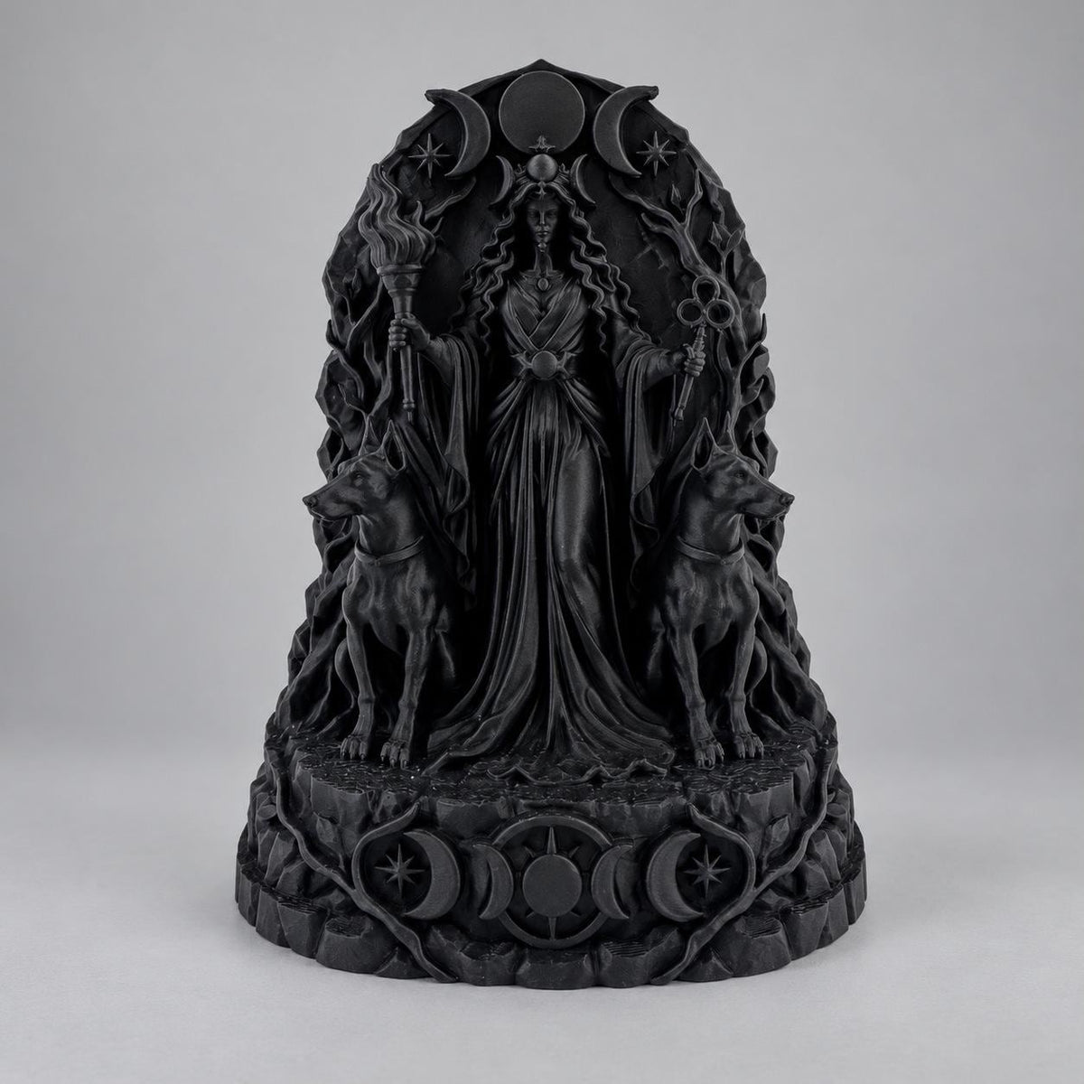 Front view of the black Hecate goddess under a triple moon arch