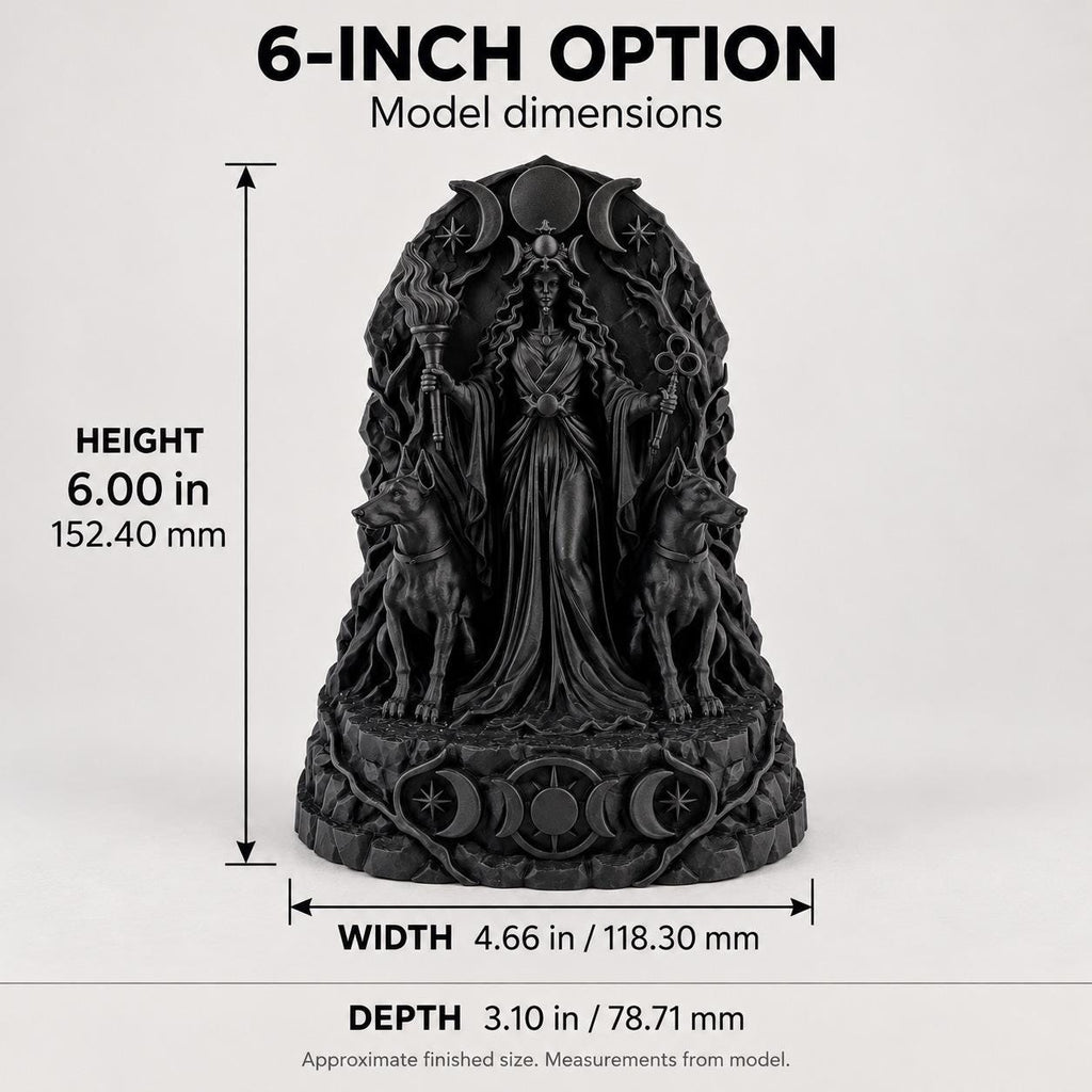 Dimension graphic of the 6 in. Hecate statue: 6 in. high, 4.66 in. wide, 3.10 in. deep