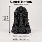 Dimension graphic of the 6 in. Hecate statue: 6 in. high, 4.66 in. wide, 3.10 in. deep