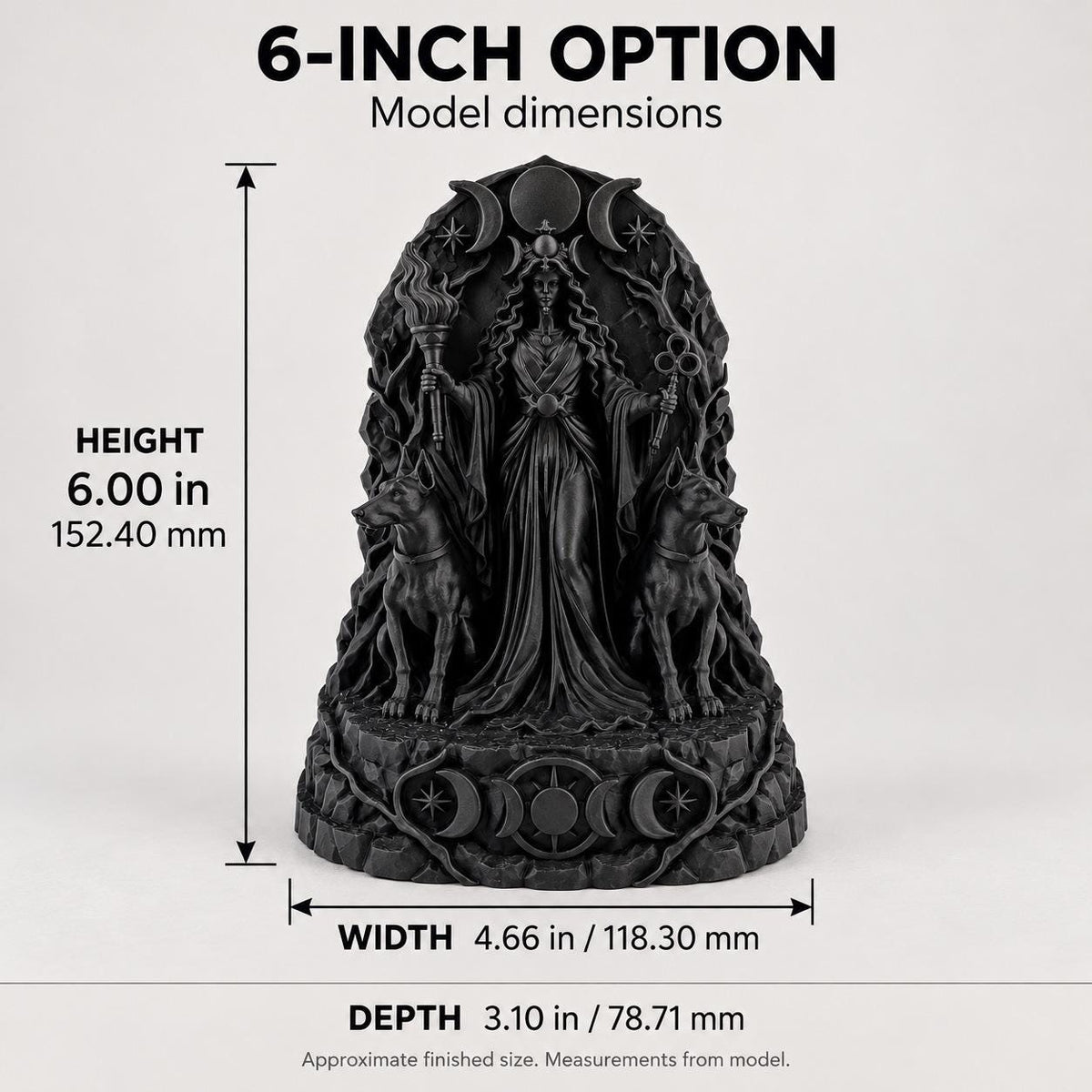 Dimension graphic of the 6 in. Hecate statue: 6 in. high, 4.66 in. wide, 3.10 in. deep