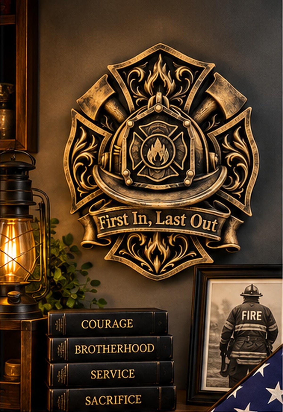 Firefighter plaque on a dark wall above books, a lantern and a firefighter photo