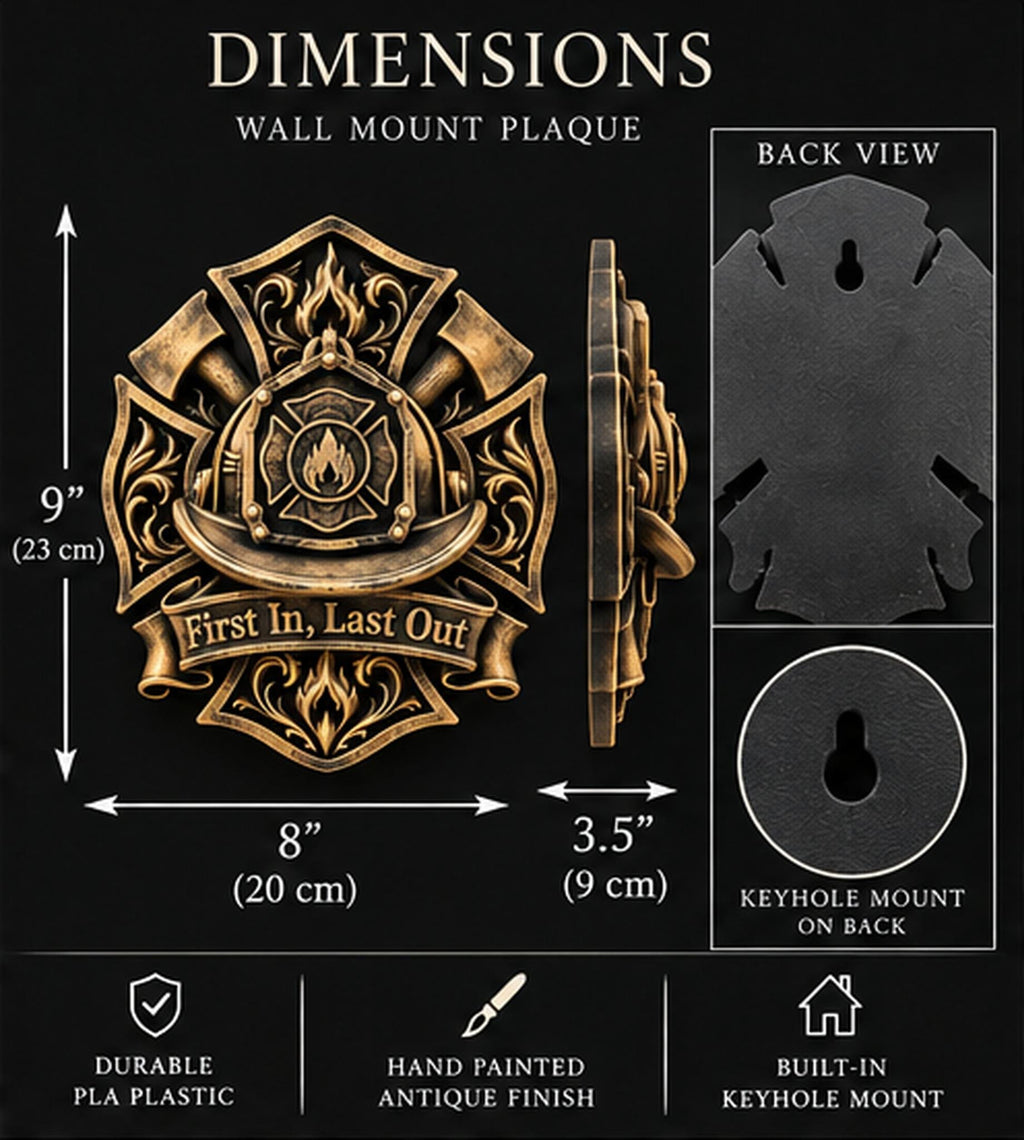 Dimension graphic of the firefighter plaque: 9 in. tall, 8 in. wide, 3.5 in. deep