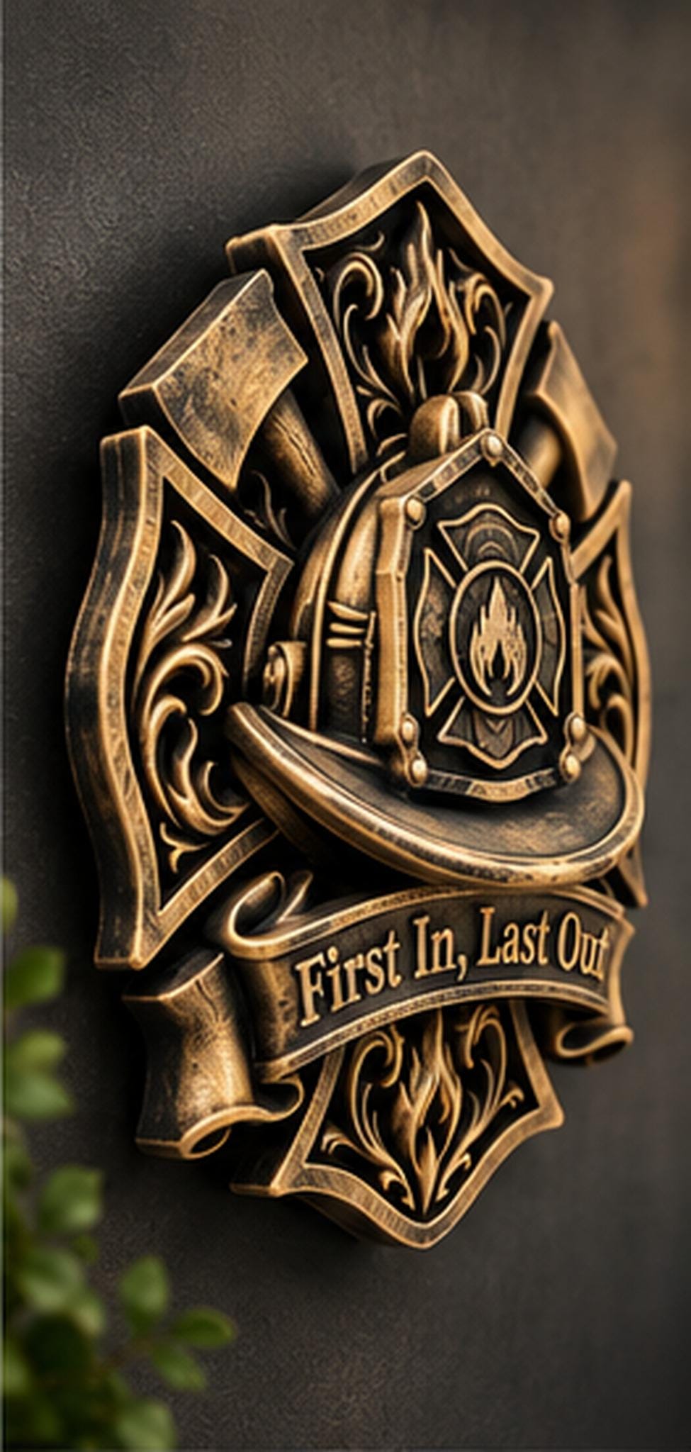 Right side angle of the firefighter helmet plaque showing relief depth