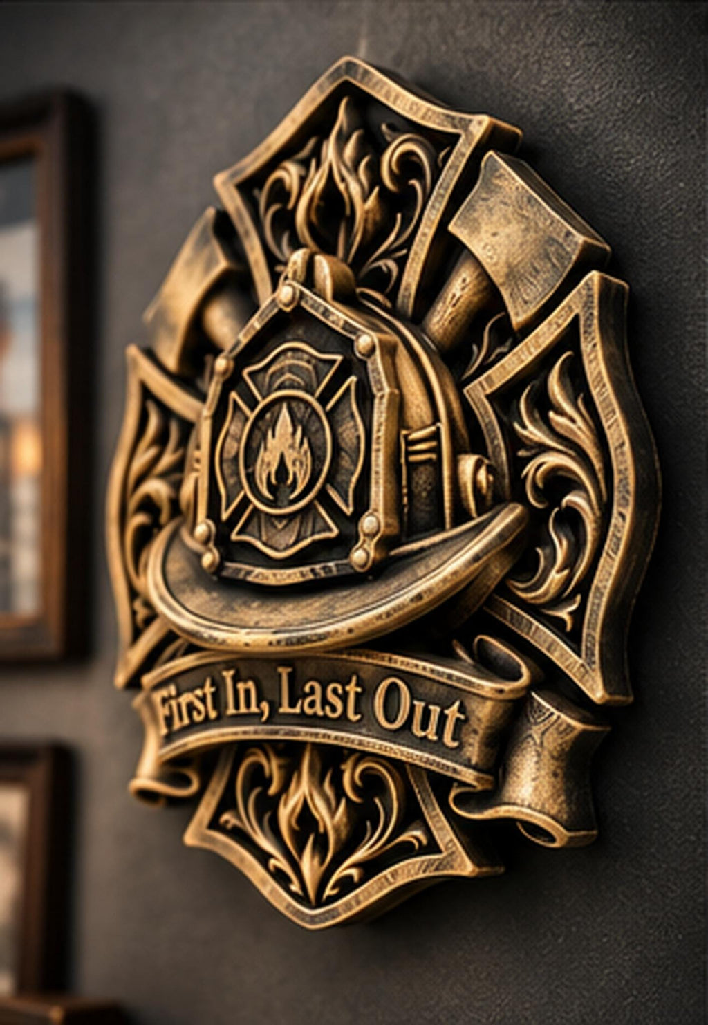 Left angle of the gold fire helmet plaque showing crossed axes