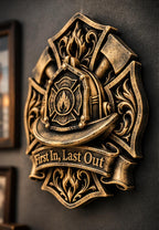 Left angle of the gold fire helmet plaque showing crossed axes