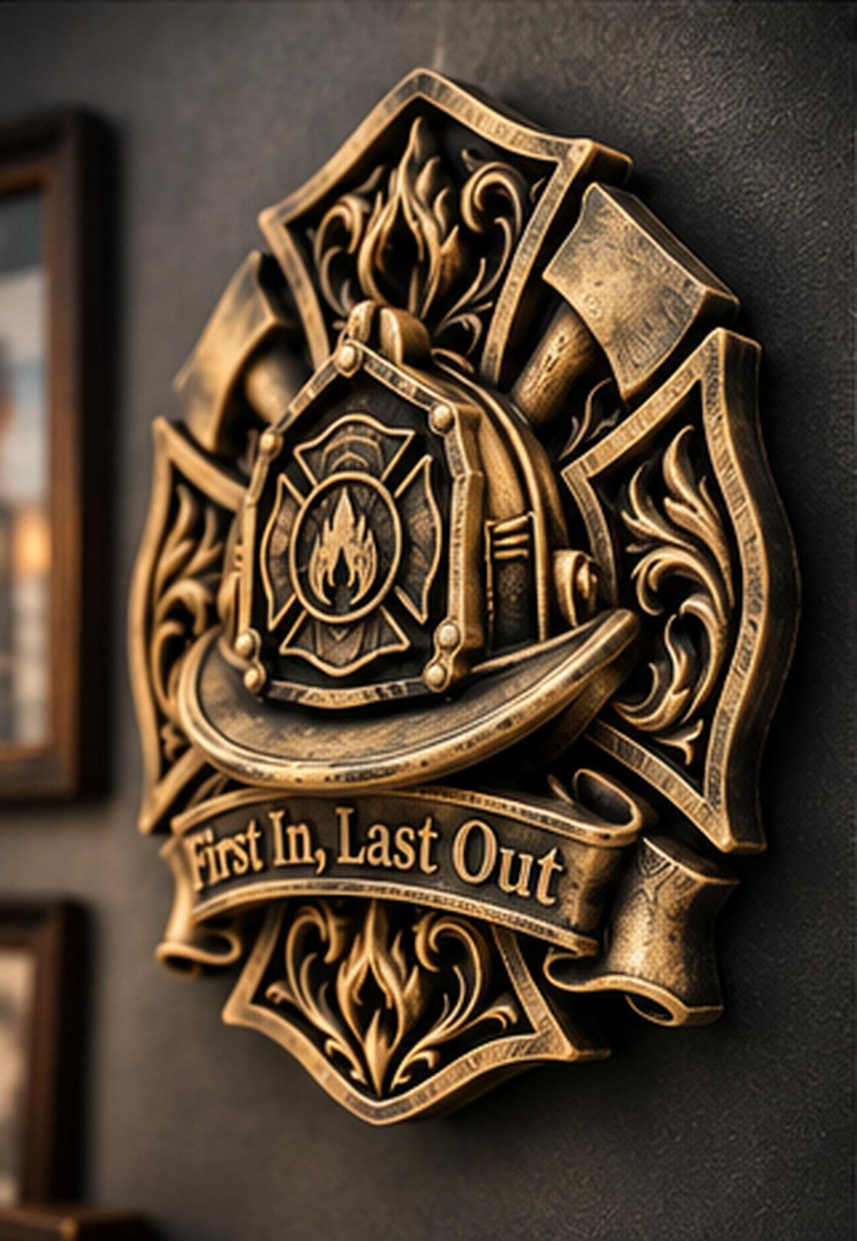 Left angle of the gold fire helmet plaque showing crossed axes