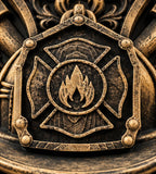 Close-up of the Maltese cross and flame emblem on the fire helmet