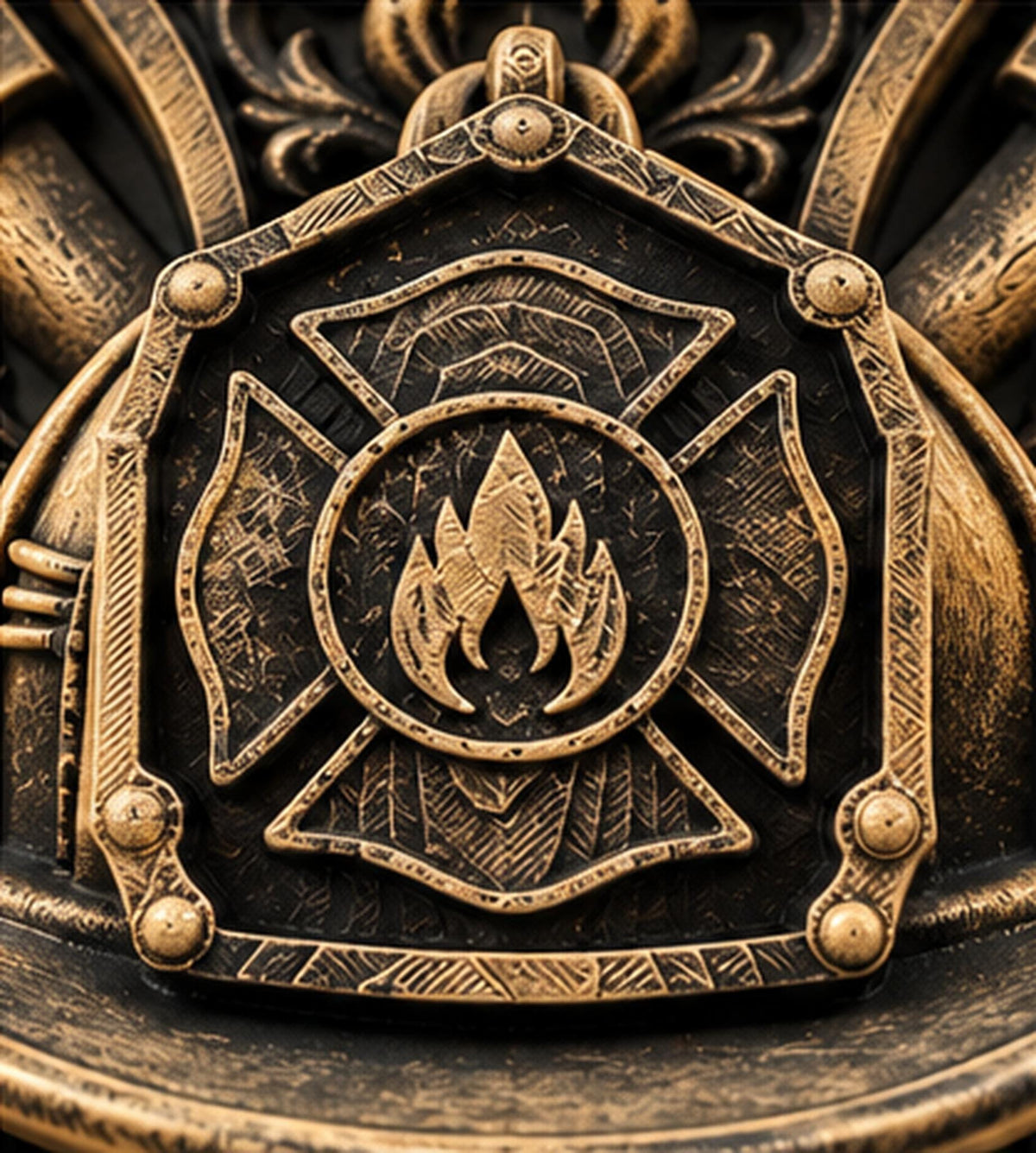 Close-up of the Maltese cross and flame emblem on the fire helmet
