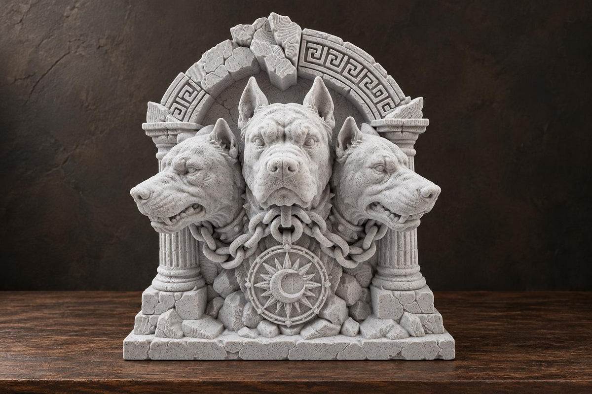 Front view of gray-white Cerberus sculpture with three dog heads in a ruined Greek arch