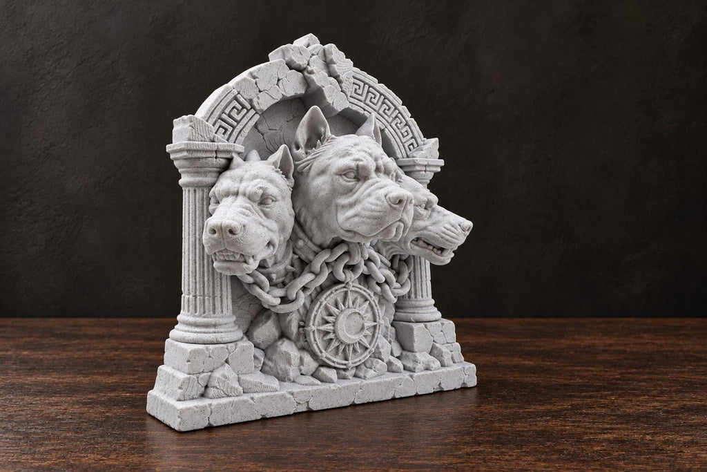 Right angle of the Cerberus arch sculpture showing columns and depth