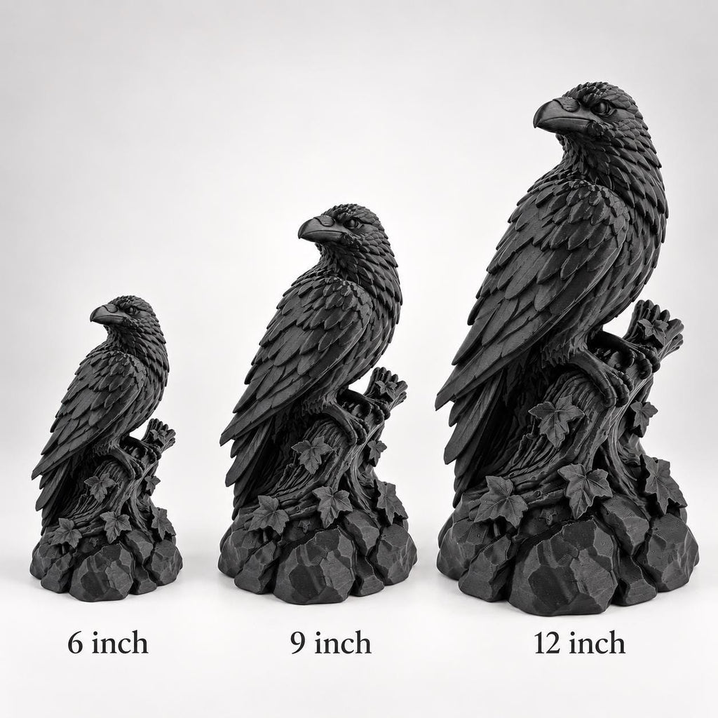 Size comparison of the 6, 9 and 12 in. raven statues