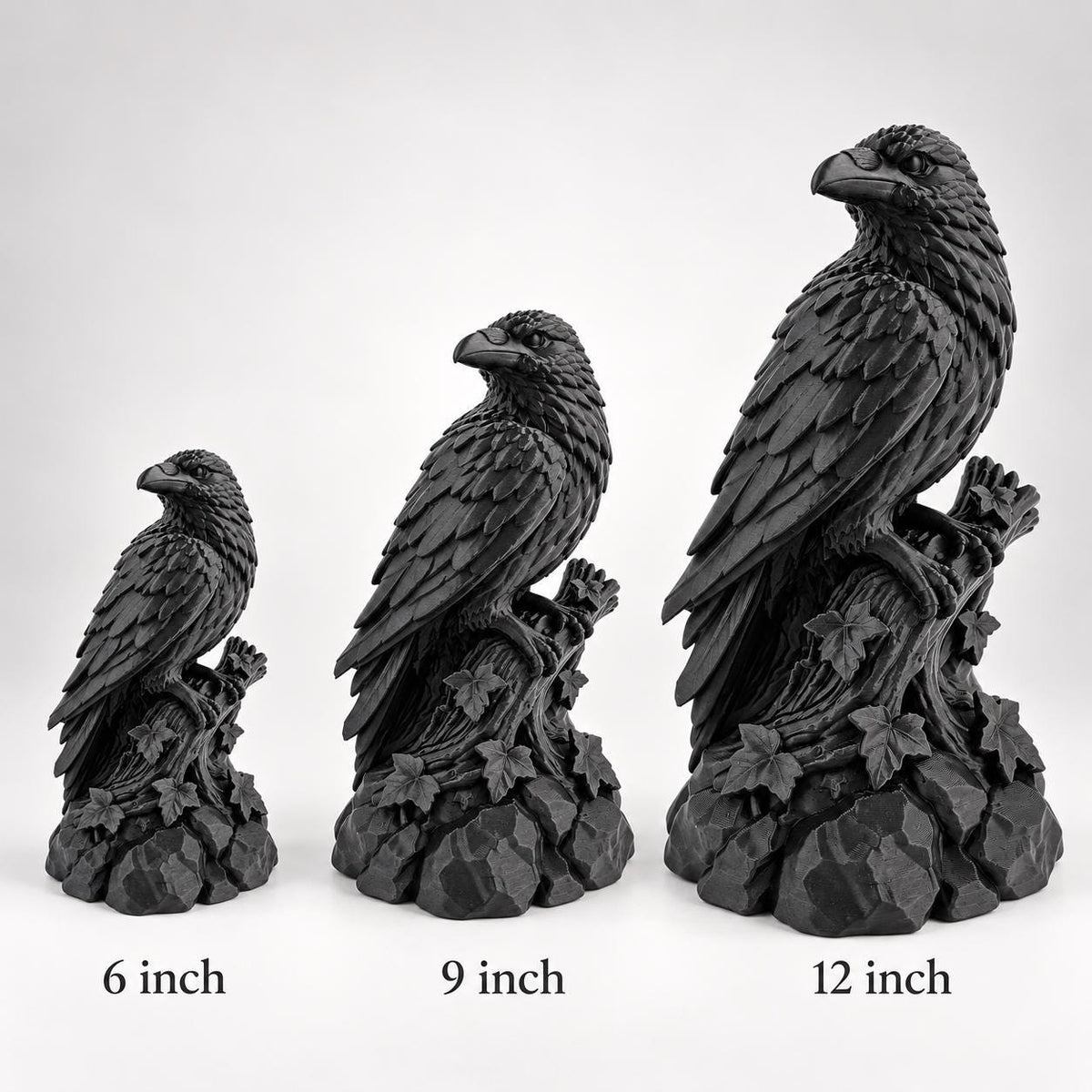 Size comparison of the 6, 9 and 12 in. raven statues