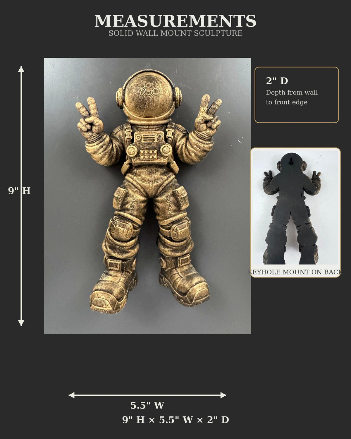 Measurement graphic of the astronaut: 9 in. high, 5.5 in. wide, 2 in. deep
