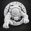 Front view of speckled white astronaut climbing out of a cratered moon wall sculpture