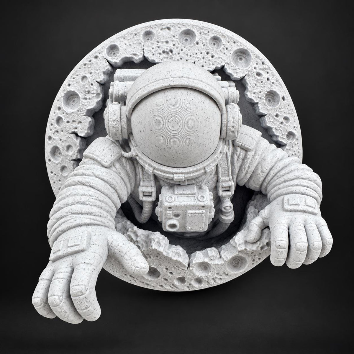 Front view of speckled white astronaut climbing out of a cratered moon wall sculpture