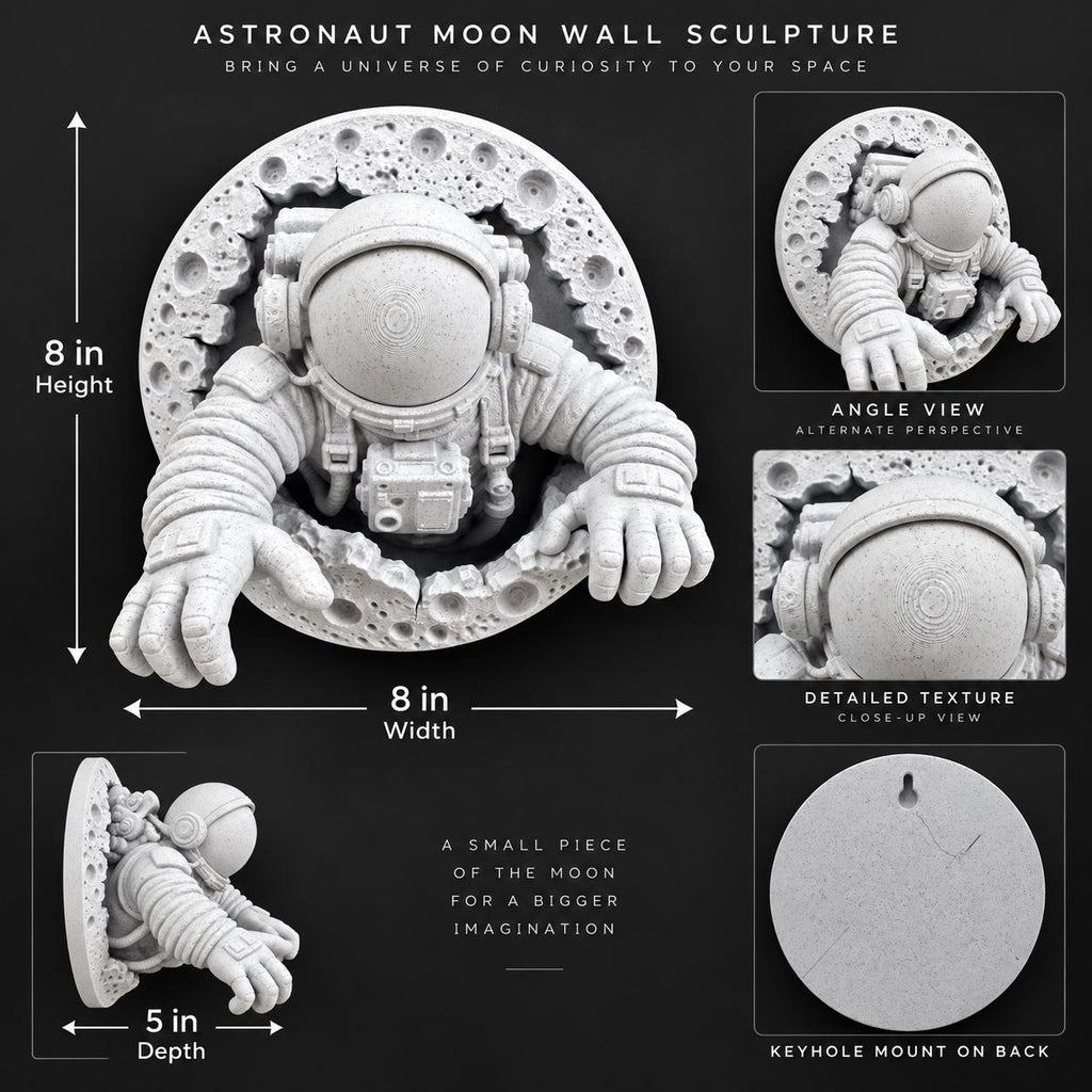 Dimension graphic of the astronaut sculpture: 8 in. high, 8 in. wide, 5 in. deep