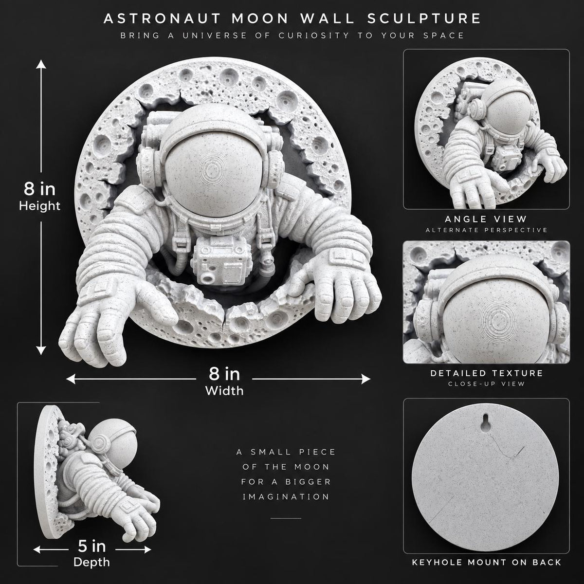 Dimension graphic of the astronaut sculpture: 8 in. high, 8 in. wide, 5 in. deep