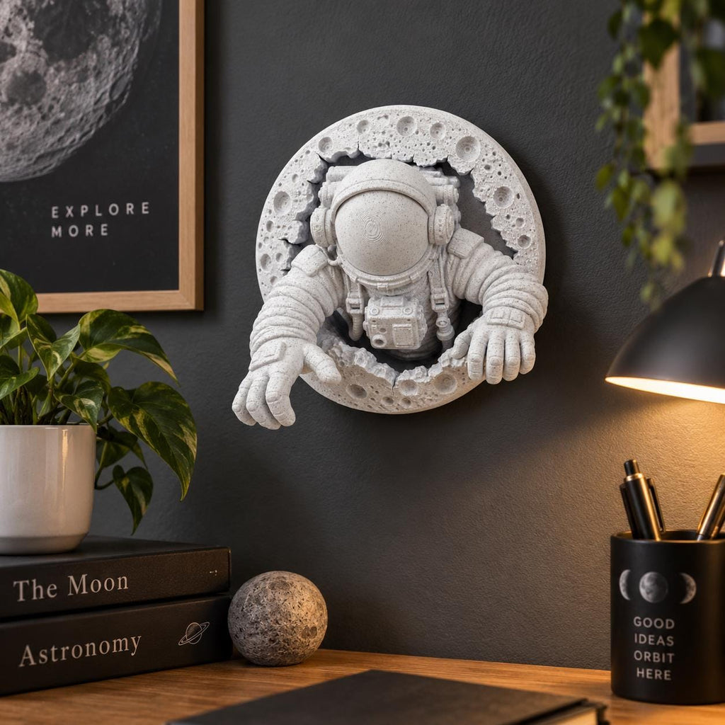 Astronaut moon sculpture hung above a desk with astronomy books and a lamp