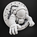 Angled view of the astronaut reaching out of the moon with one glove