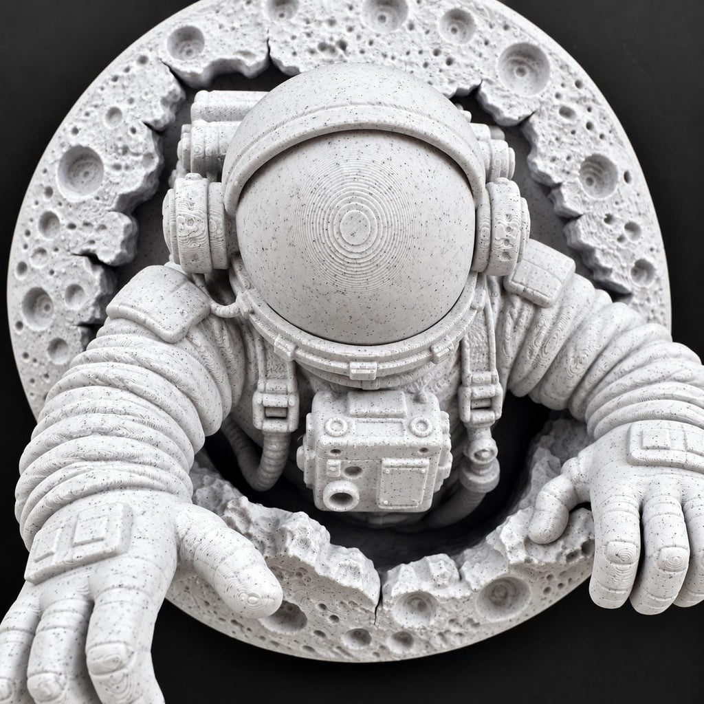 Close-up of the astronaut's helmet, chest controls and gloves
