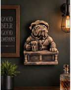 Bulldog bartender hung on a dark wall beside a whiskey decanter and lamp
