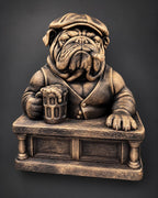 Angled view of antique bronze English Bulldog bartender with flat cap, cigar and beer mug