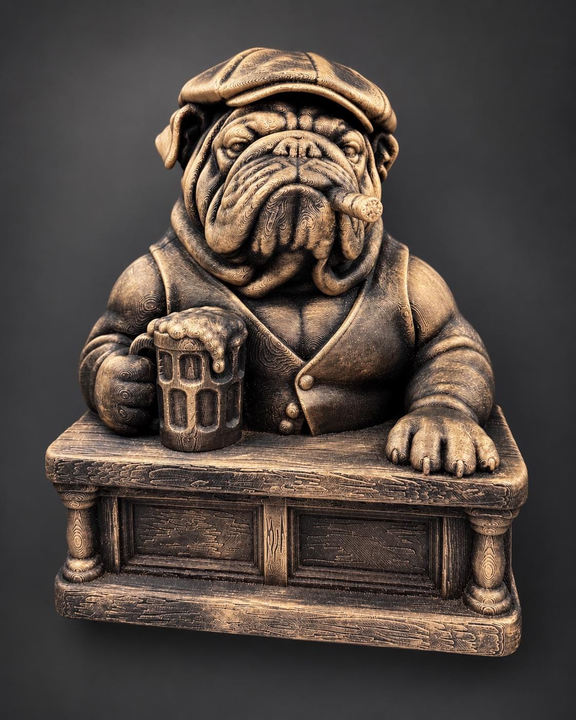 Angled view of antique bronze English Bulldog bartender with flat cap, cigar and beer mug