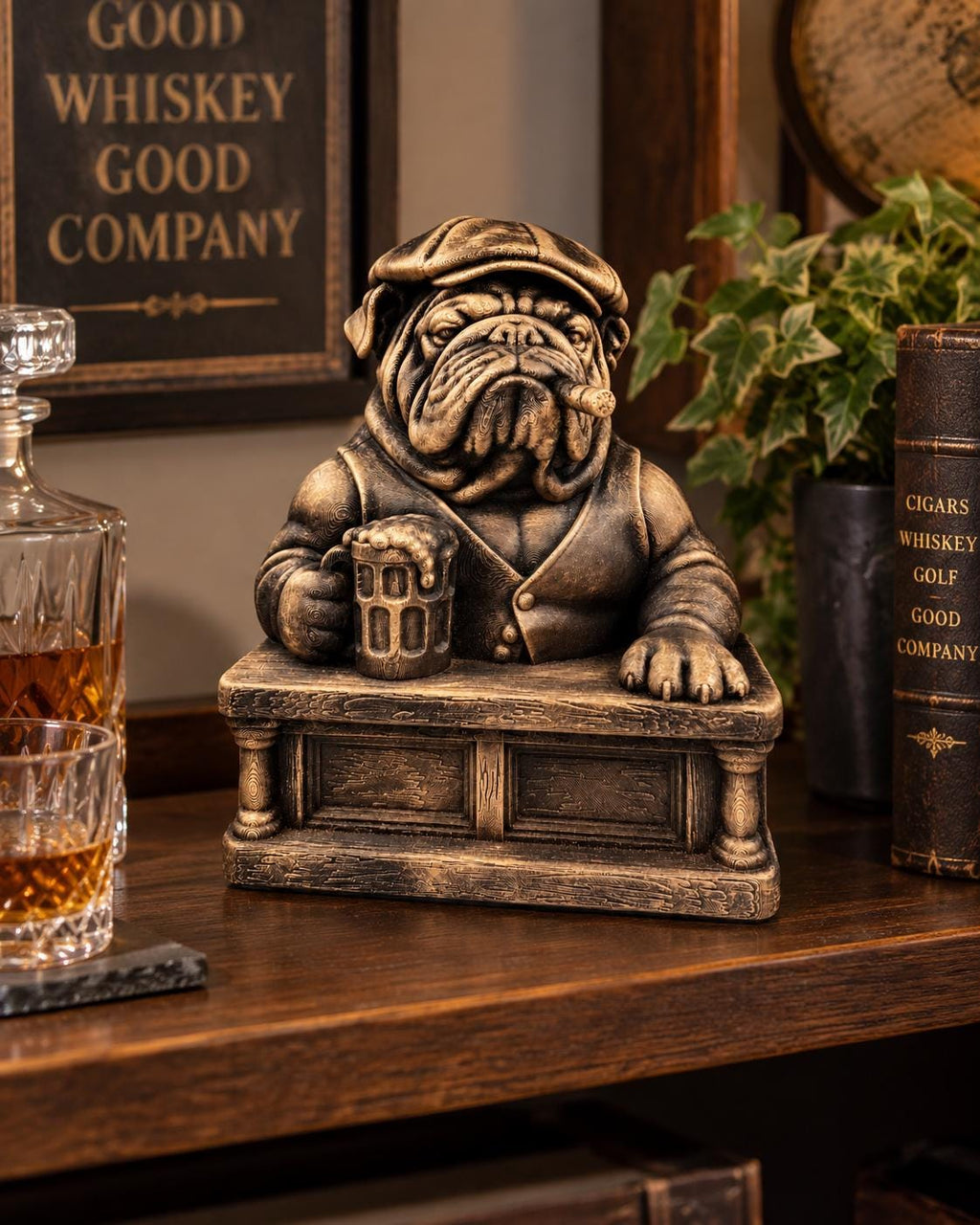 Bulldog bartender sculpture on a bar shelf beside whiskey and a sign