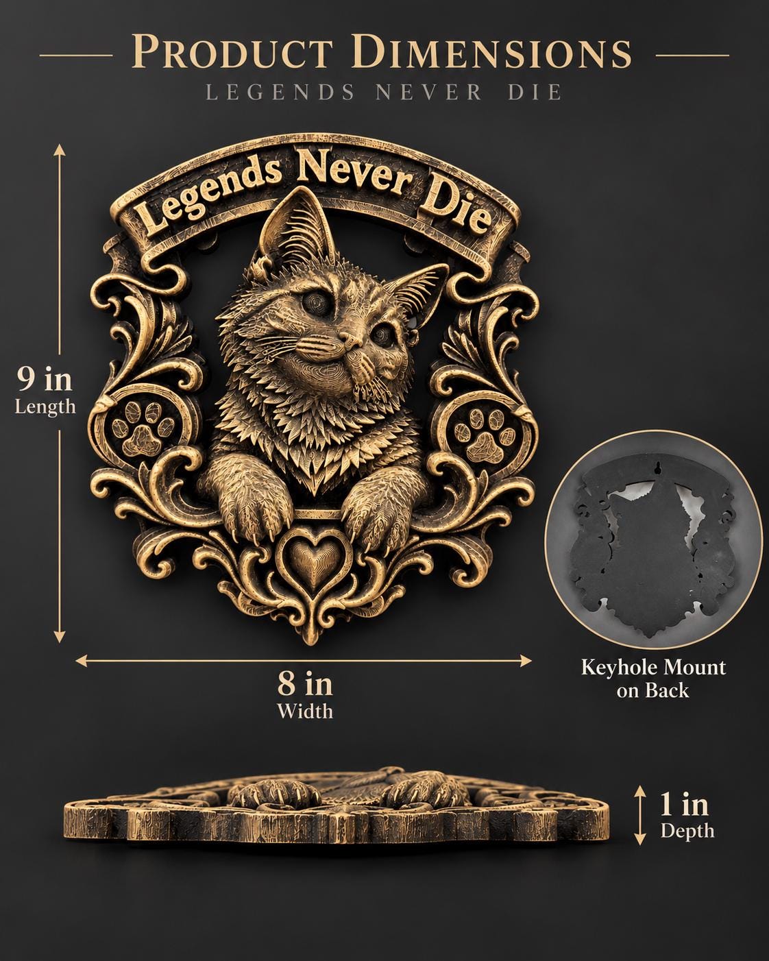 Dimension graphic of the cat memorial plaque: 9 in. tall, 8 in. wide, 1 in. deep