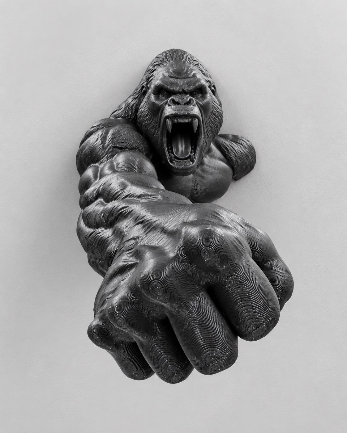 Front view of black roaring gorilla wall sculpture reaching out with a huge fist