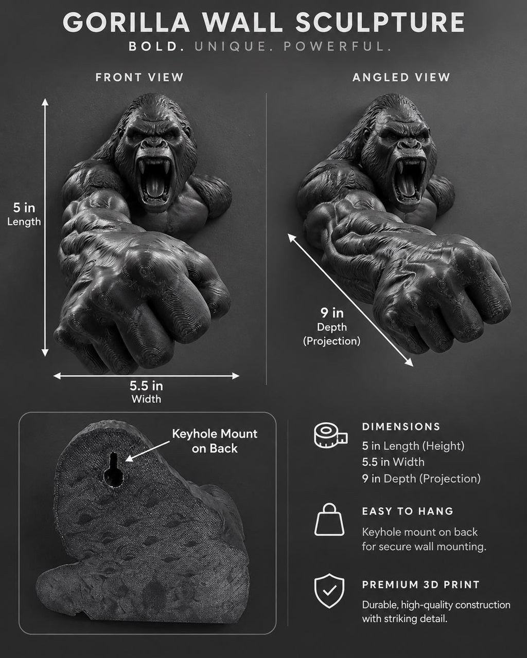 Dimension graphic of the gorilla sculpture: 5 in. high, 5.5 in. wide, 9 in. projection