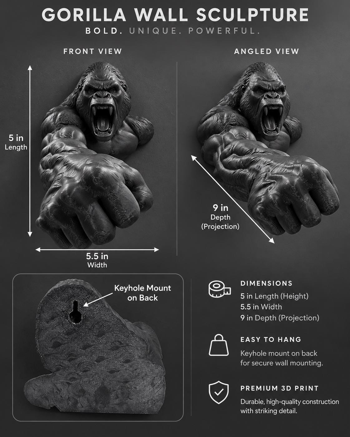 Dimension graphic of the gorilla sculpture: 5 in. high, 5.5 in. wide, 9 in. projection