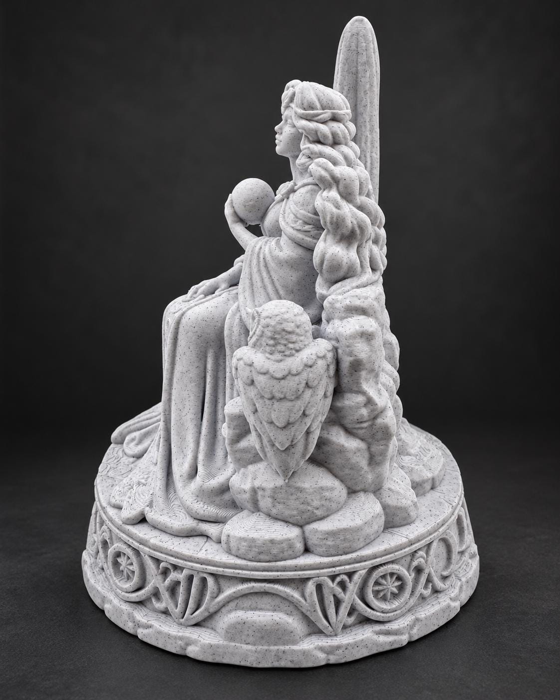 Side view of the moon goddess statue showing the owl and moon-phase base