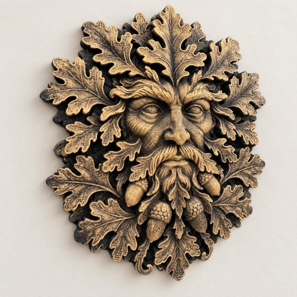 Close-up of sculpted oak leaves and acorns on the Green Man