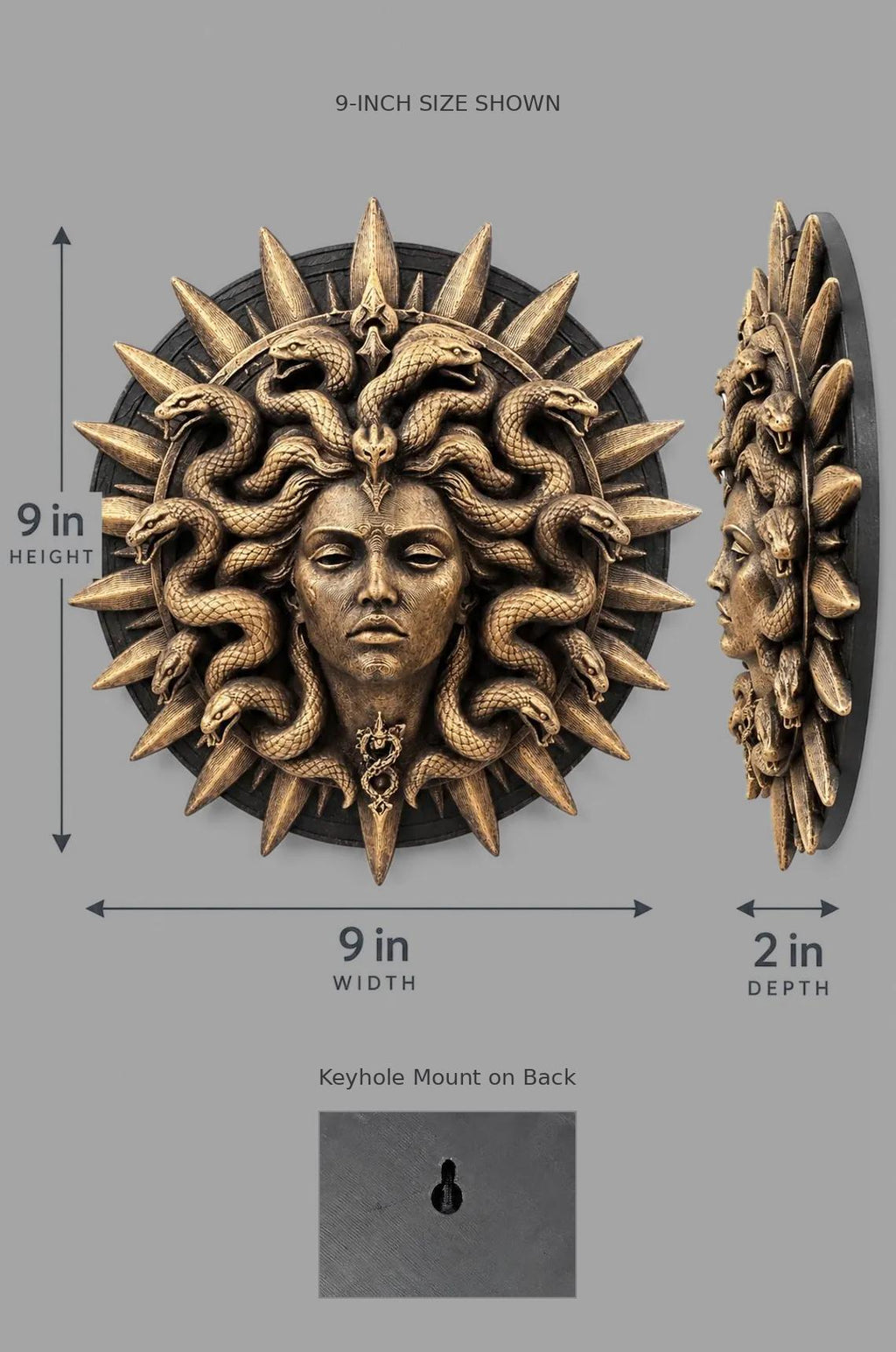 Dimension diagram of the 9 in. Medusa medallion with keyhole mount detail
